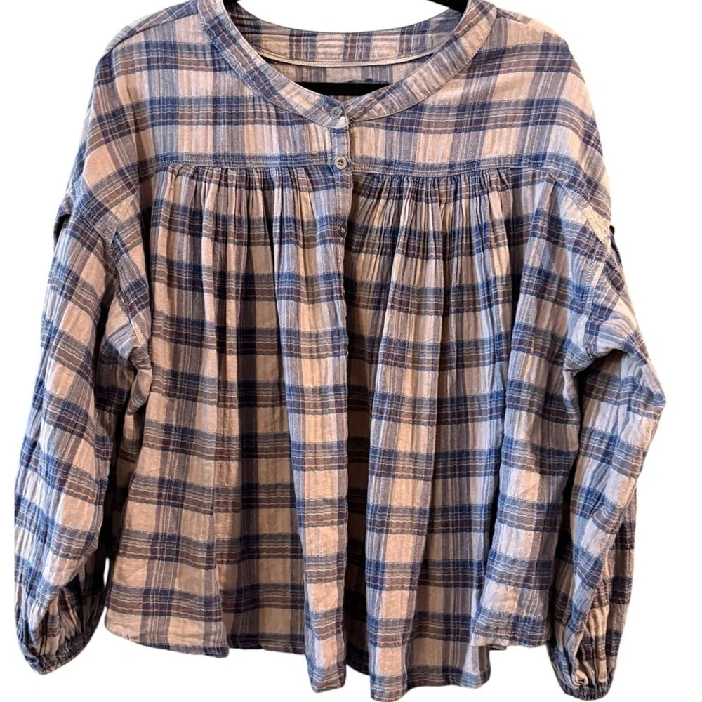 Free People Jessi Plaid Prairie Cottagecore Boho Top in Grey Combo Size Medium